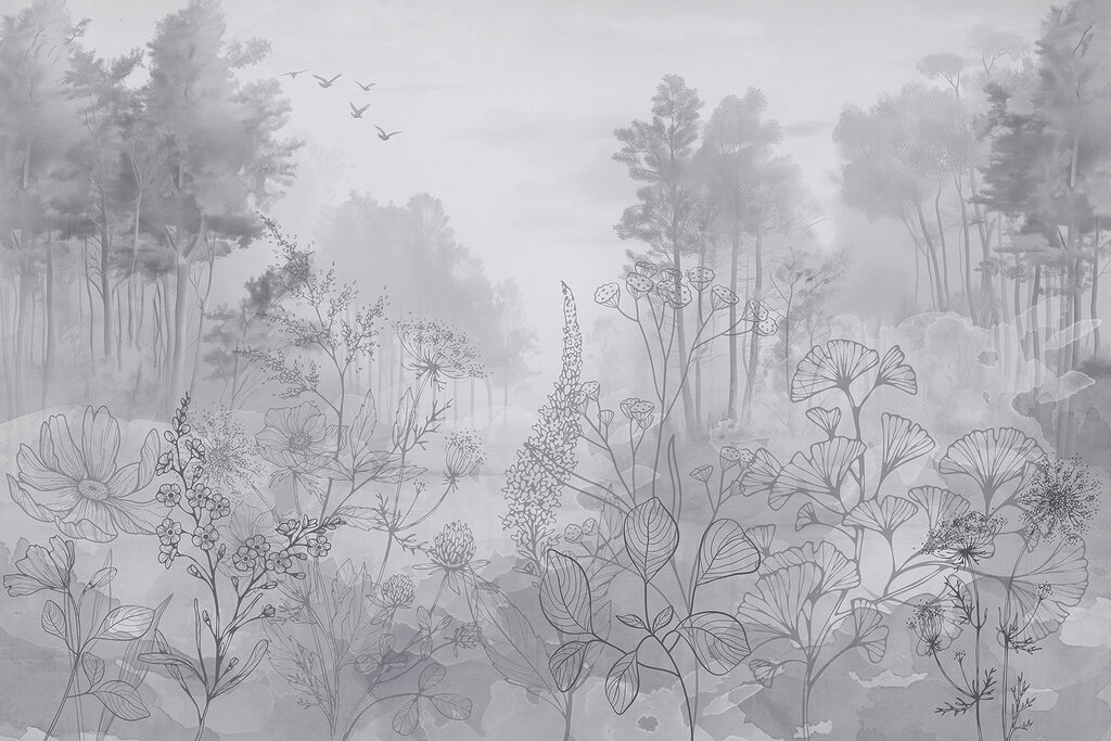 Immagine in scala di grigi di una foresta con uccelli in volo Immagine in scala di grigi di una foresta con uccelli in volo