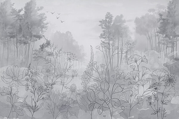 Immagine in scala di grigi di una foresta con uccelli in volo Immagine in scala di grigi di una foresta con uccelli in volo