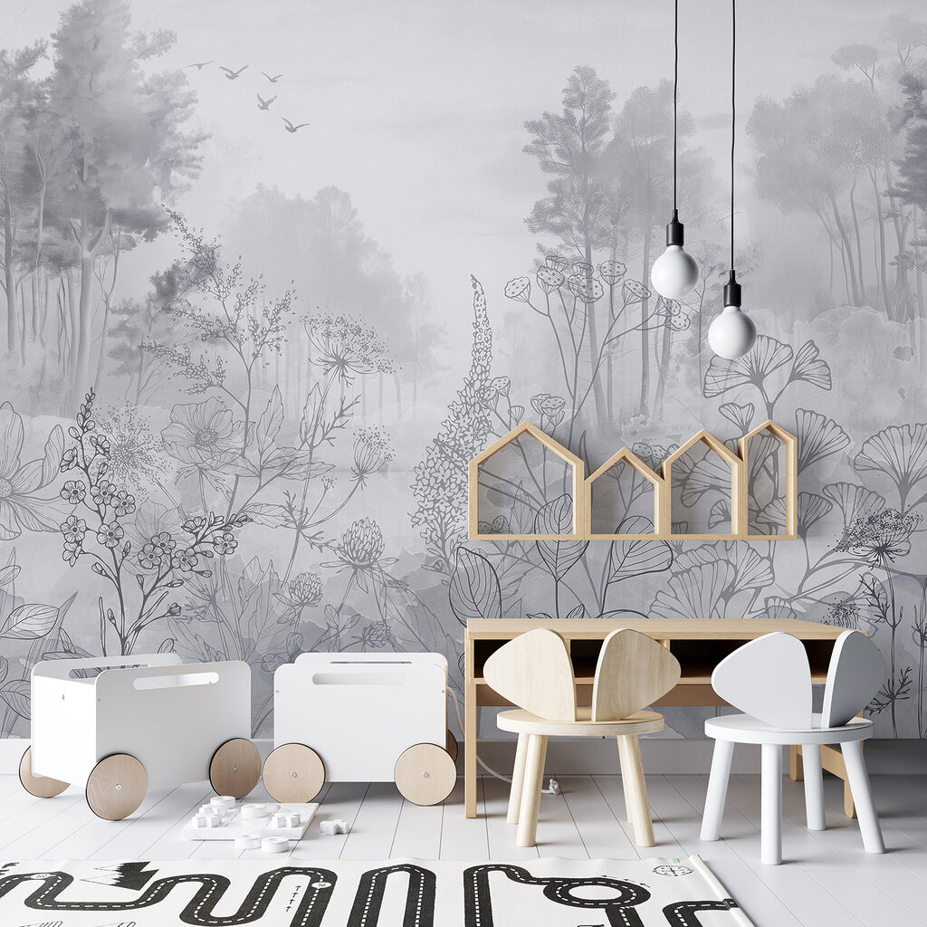 Greyscale image of a forest with birds flying