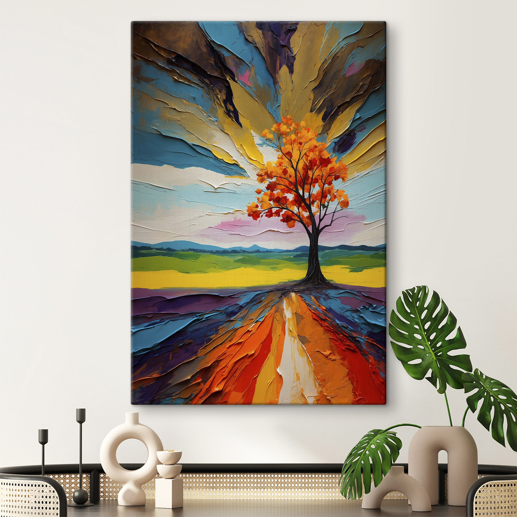 Tree with orange leaves and a colorful landscape Tree with orange leaves and a colorful landscape