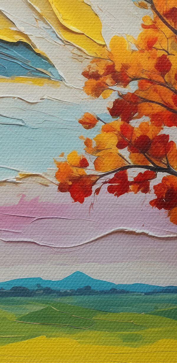 Tree with orange leaves and a colorful landscape Tree with orange leaves and a colorful landscape