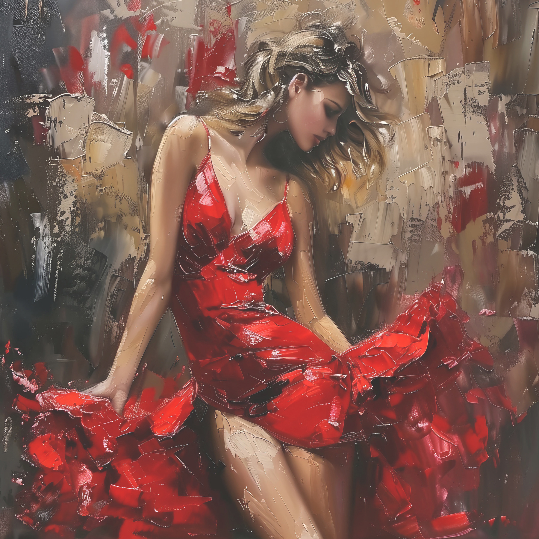 Painting of a woman in a red dress Painting of a woman in a red dress