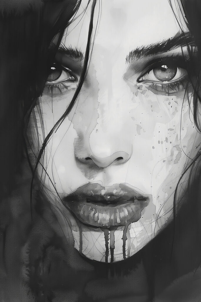 Woman with dark hair and a bloody face