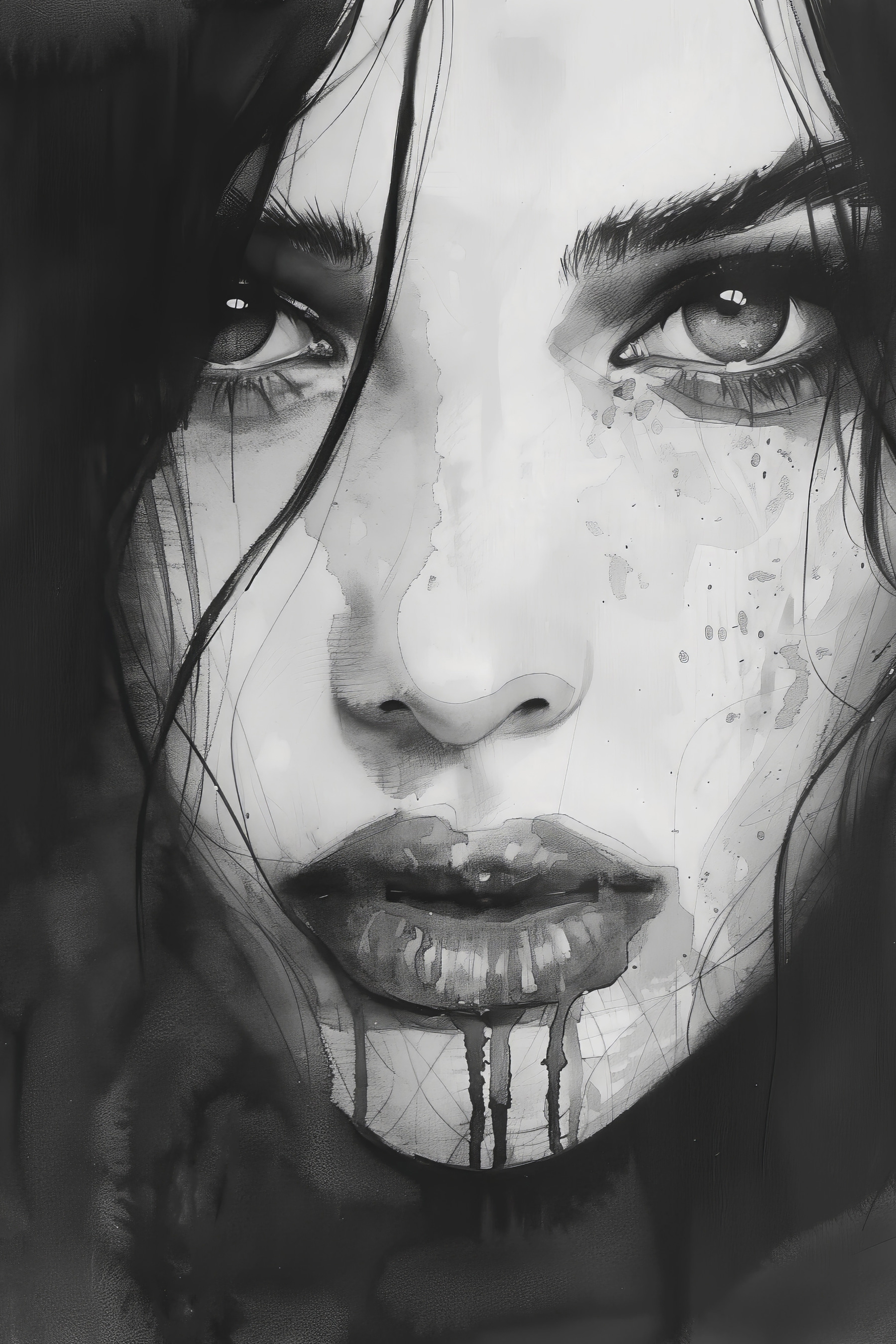 Woman with dark hair and a bloody face