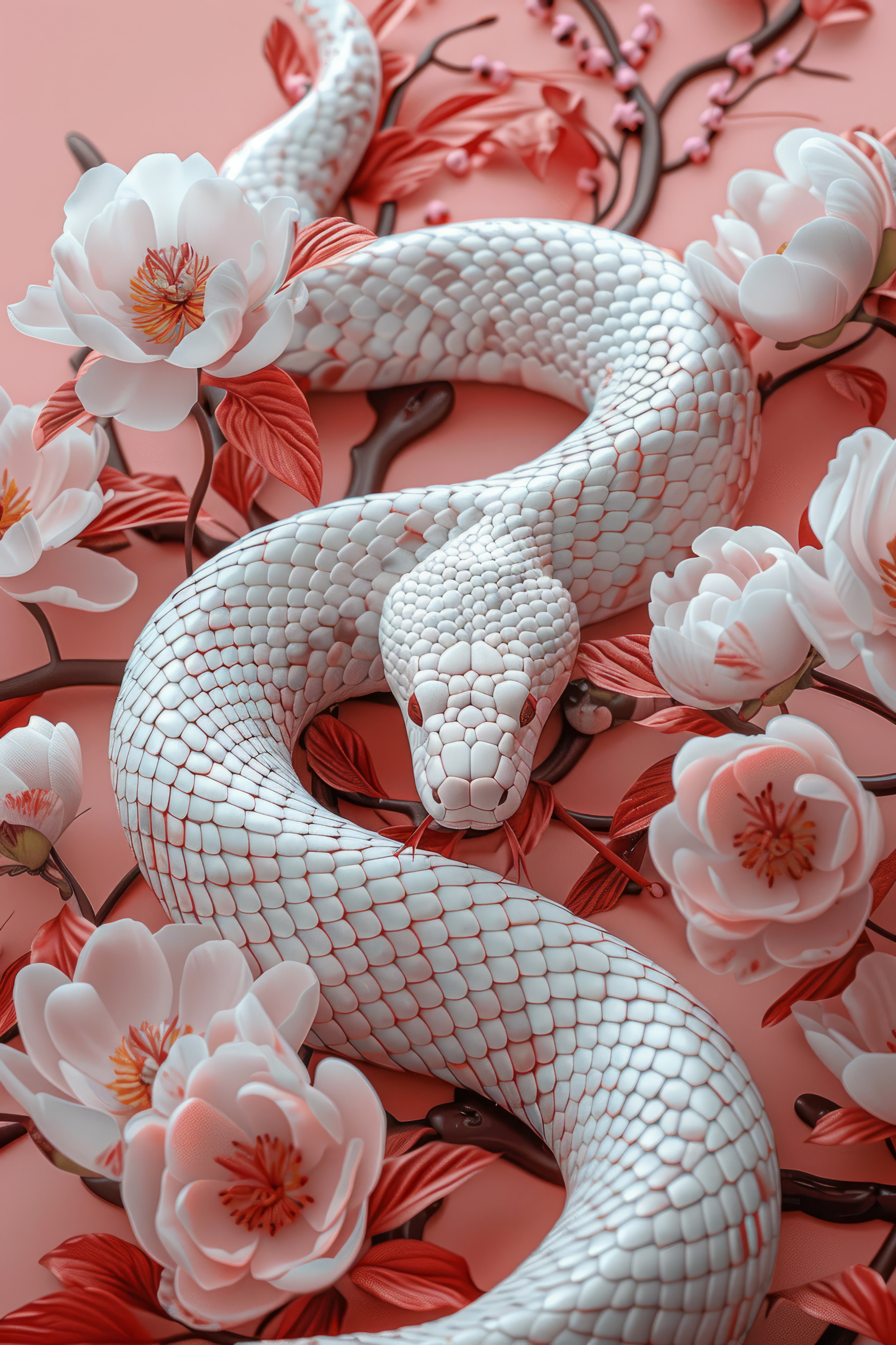 White snake with flowers around it White snake with flowers around it