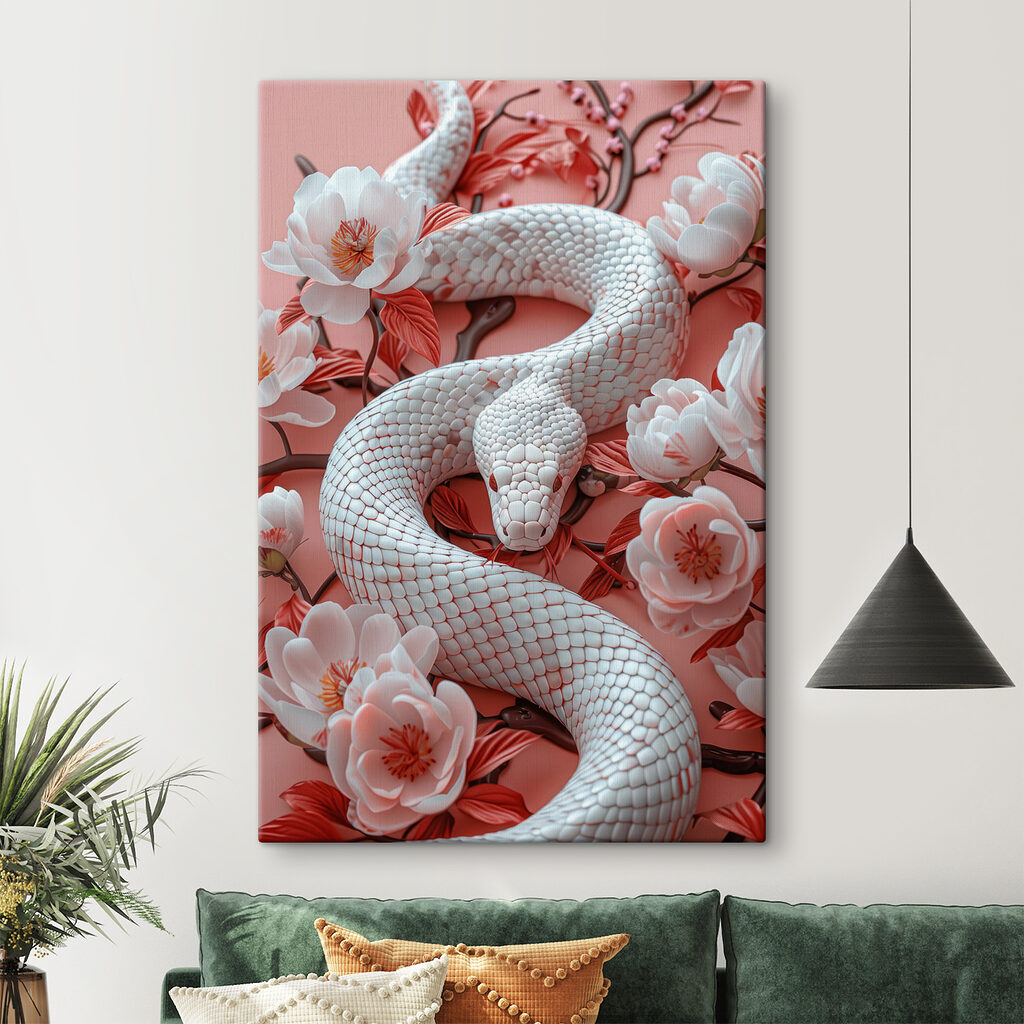 White snake with flowers around it White snake with flowers around it