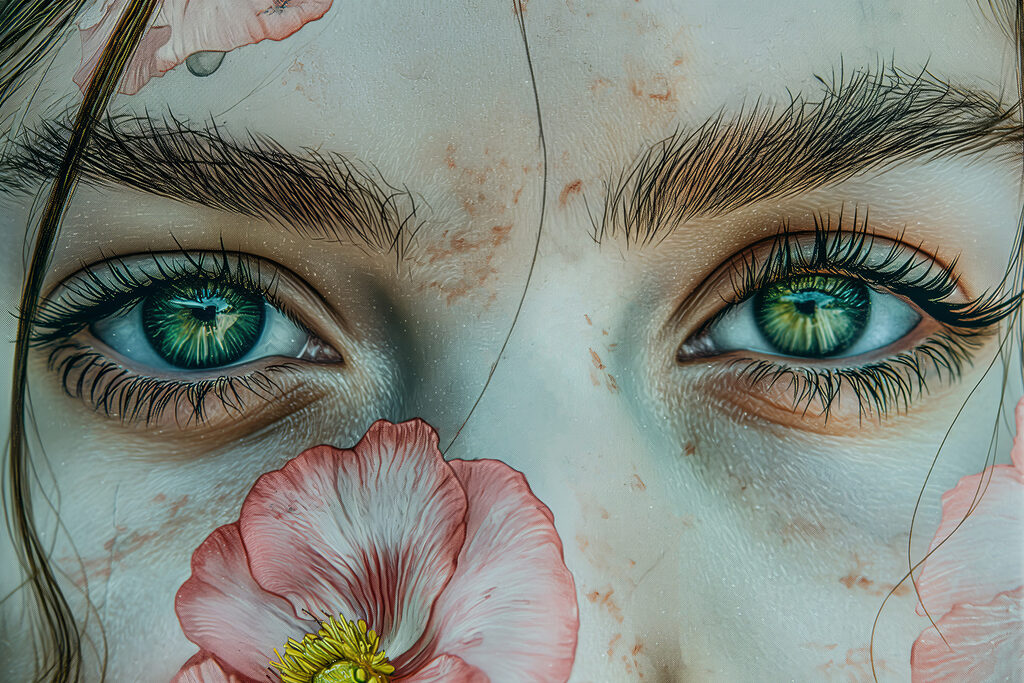 Close up of a woman's eyes and a flower Close up of a woman's eyes and a flower