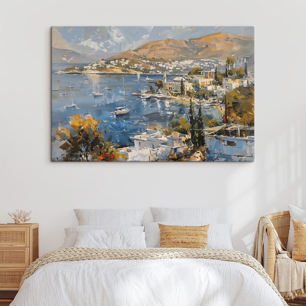 Painting of a city and a body of water