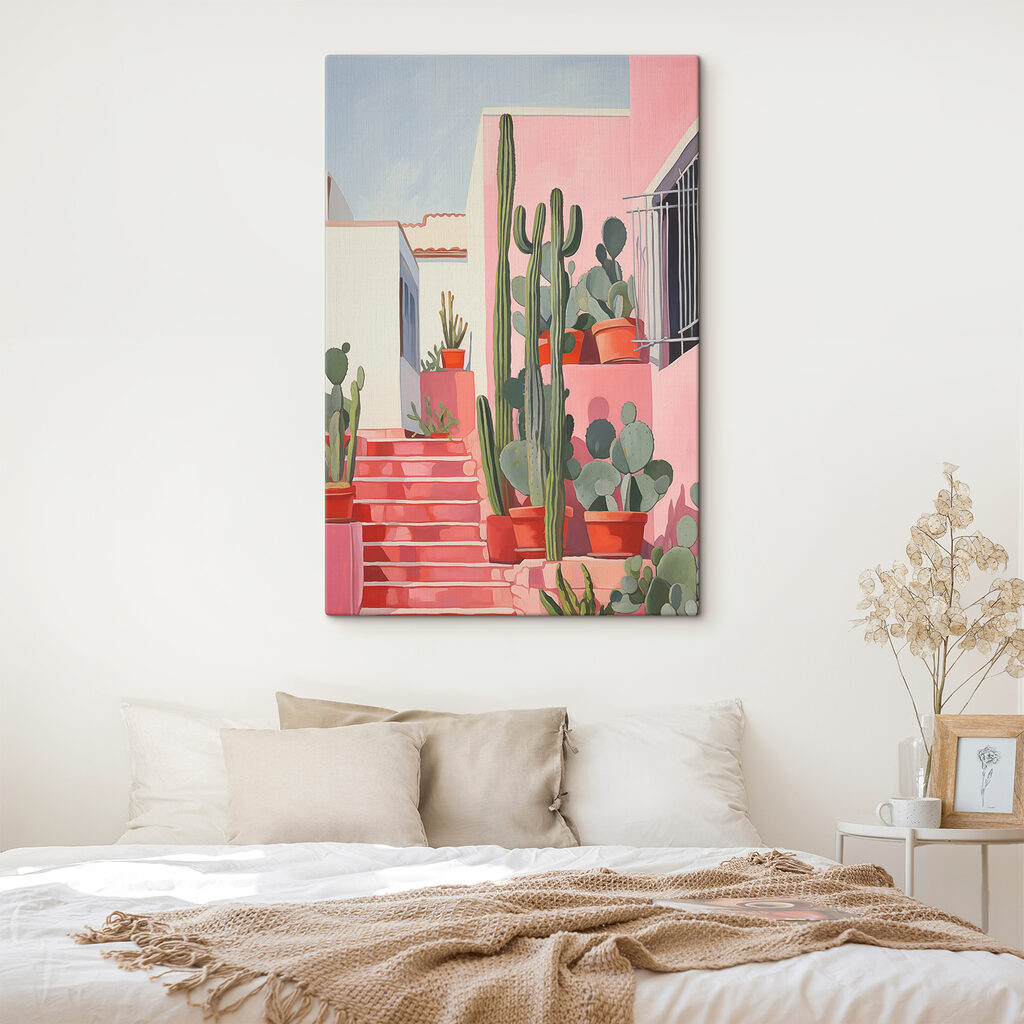 Painting of a pink house with cactuses Painting of a pink house with cactuses