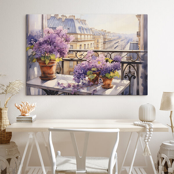 Quadri Acquerello raffigurante un balcone con fiori viola