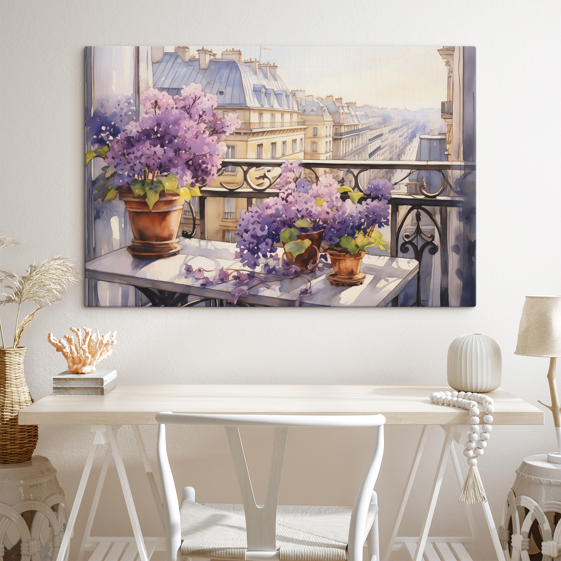 Watercolor painting of a balcony with purple flowers