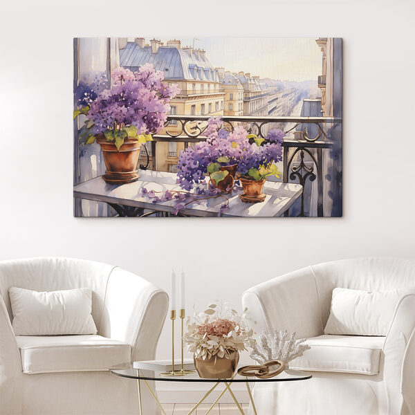 Watercolor painting of a balcony with purple flowers