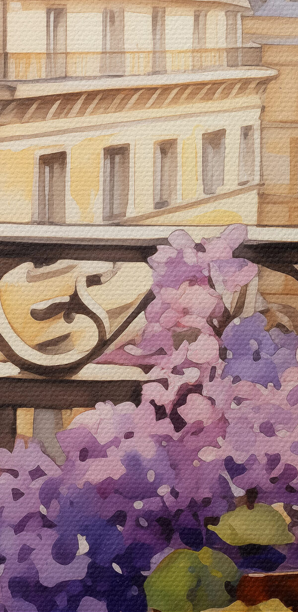 Watercolor painting of a balcony with purple flowers
