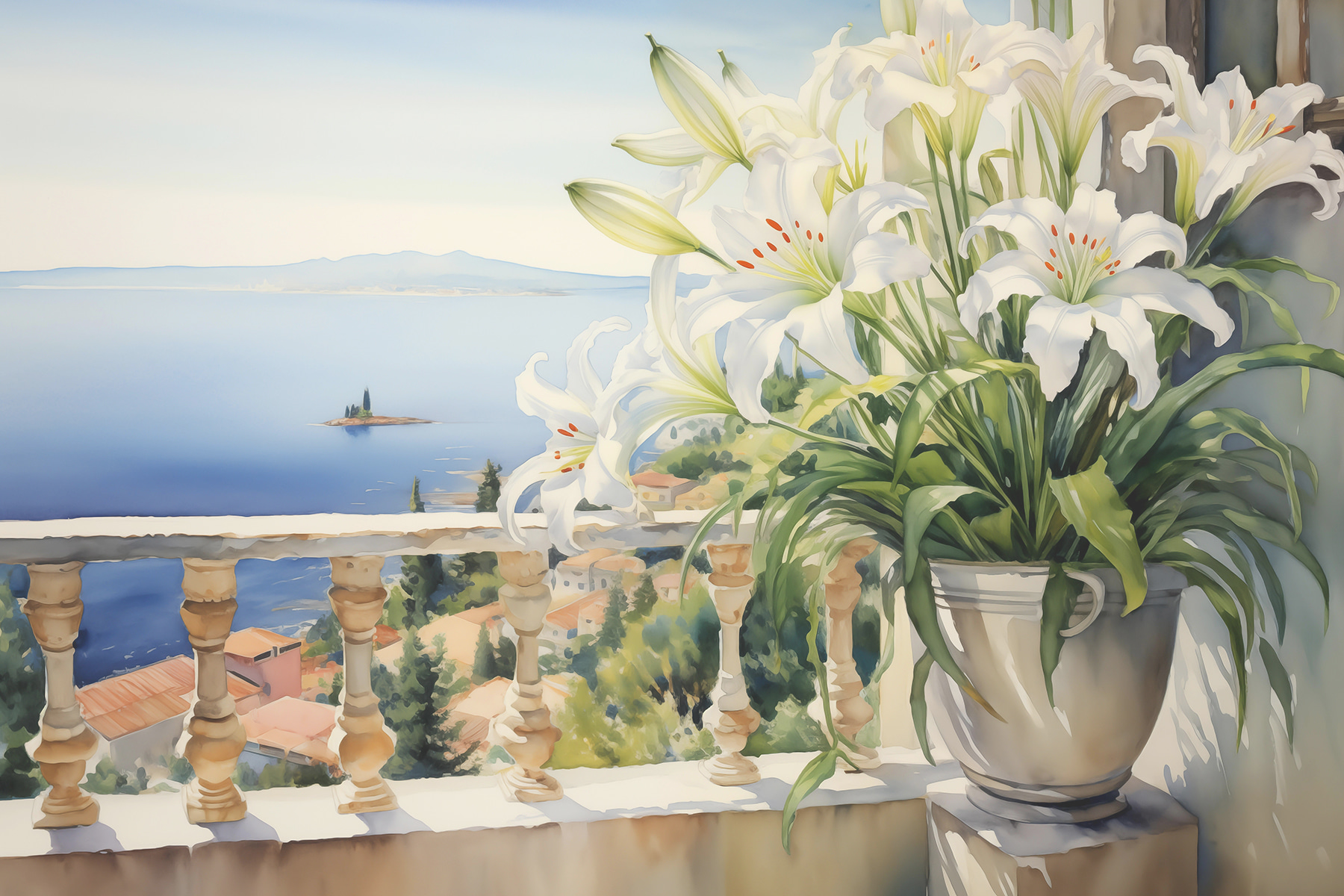 Painting of a balcony with a view of a city and a sea Painting of a balcony with a view of a city and a sea