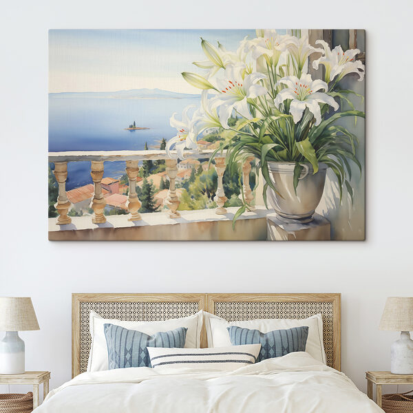 Quadri Quadri Dipinto raffigurante un balcone con vista sulla città e sul mare (COD: s39932)