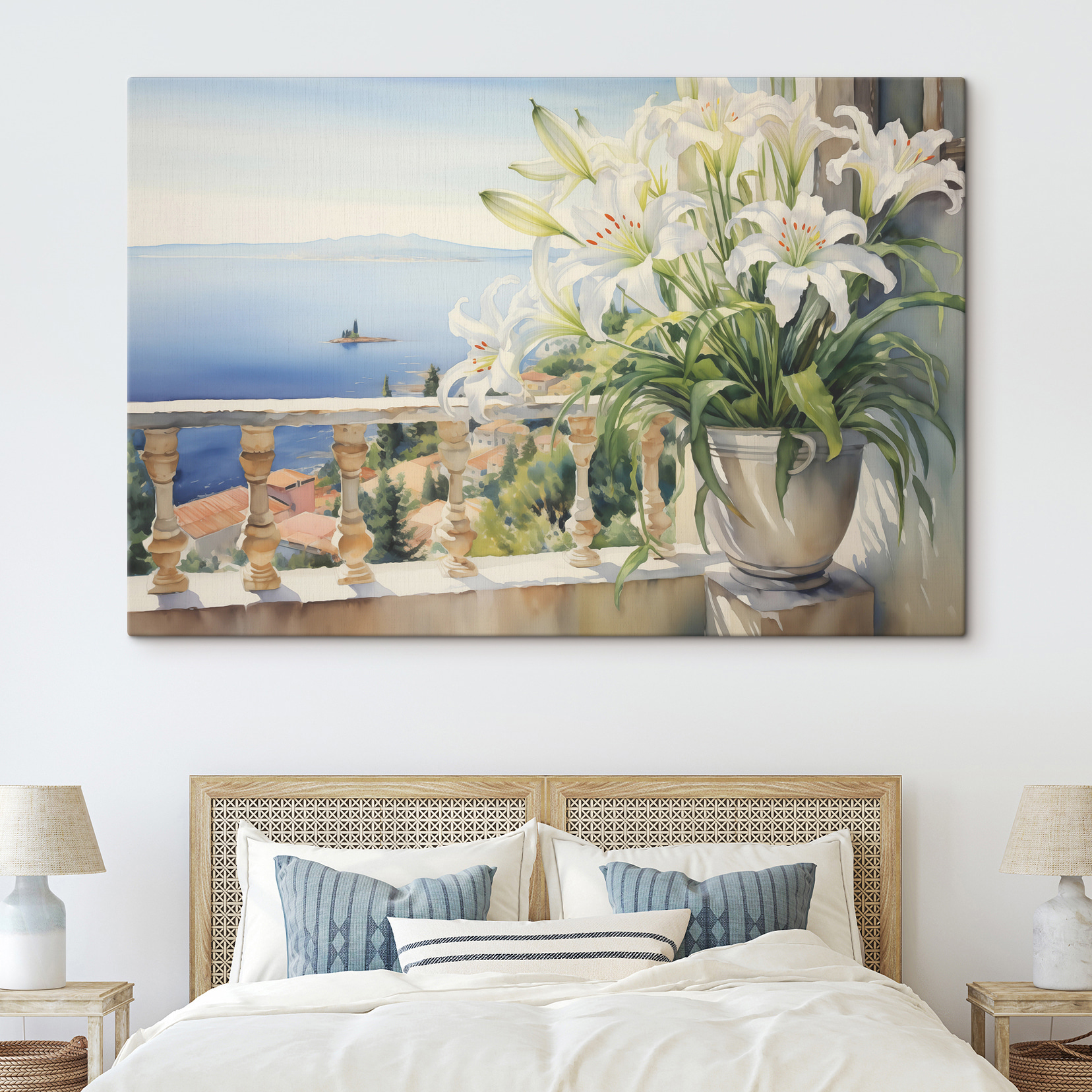 Painting of a balcony with a view of a city and a sea Painting of a balcony with a view of a city and a sea