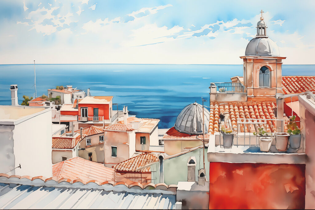 Watercolor of a city with a large body of water