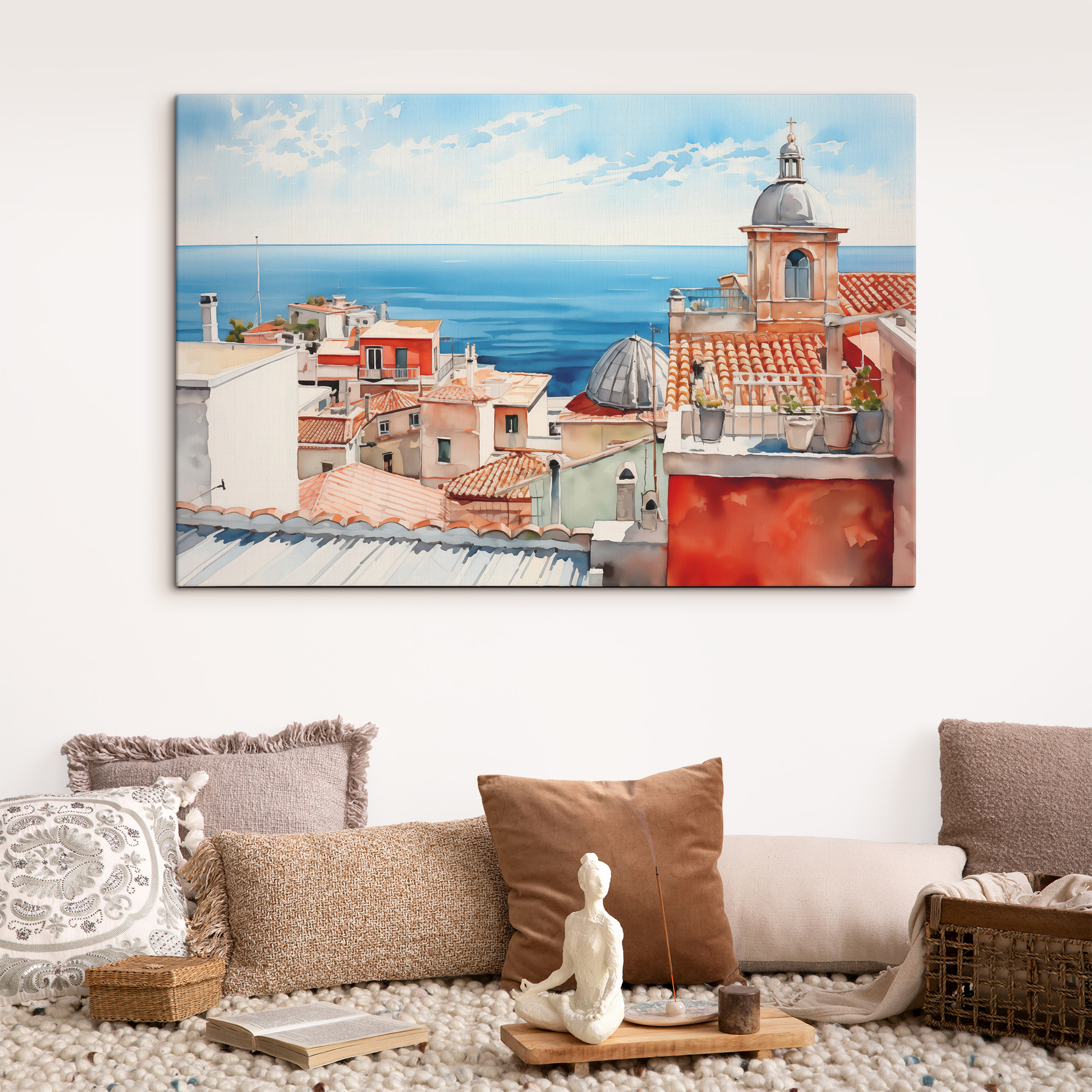 Watercolor of a city with a large body of water
