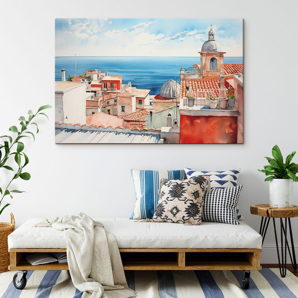Watercolor of a city with a large body of water