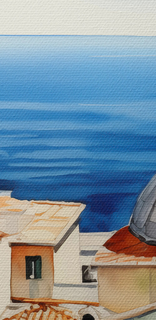 Watercolor of a city with a large body of water