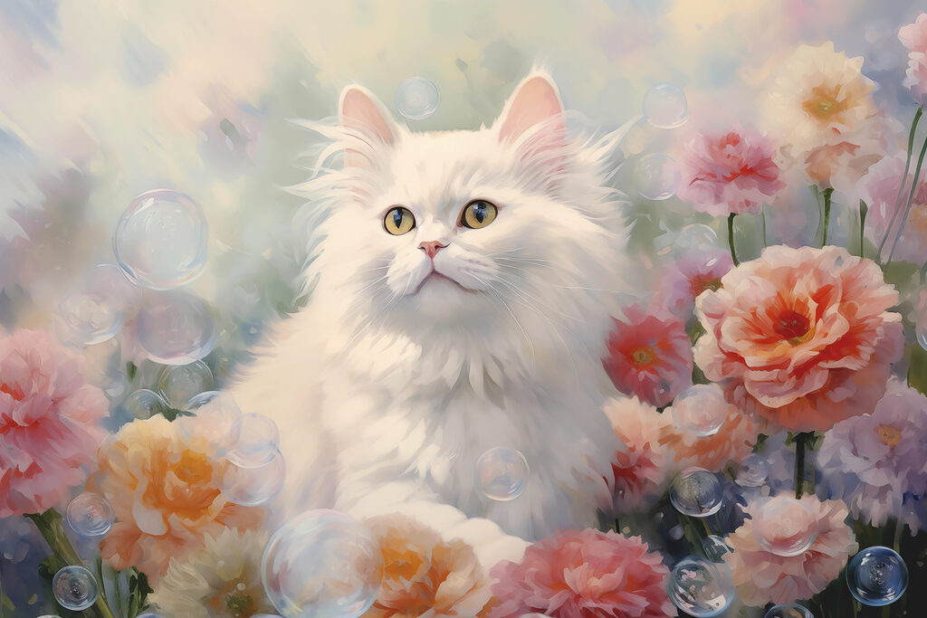 White cat surrounded by flowers and bubbles