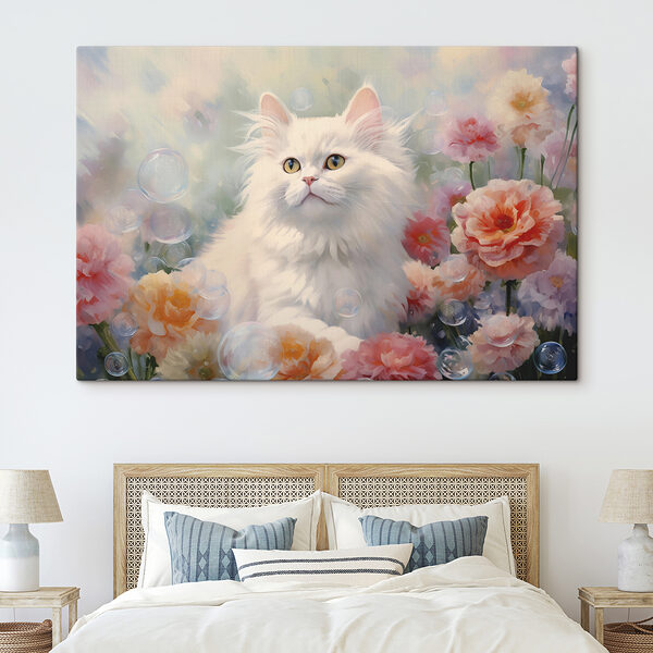 Quadri Gatto bianco circondato da fiori e bolle (COD: s39937) Quadri Quadri Gatto bianco circondato da fiori e bolle (COD: s39937)