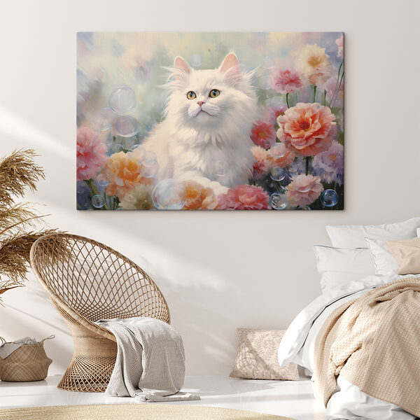 White cat surrounded by flowers and bubbles