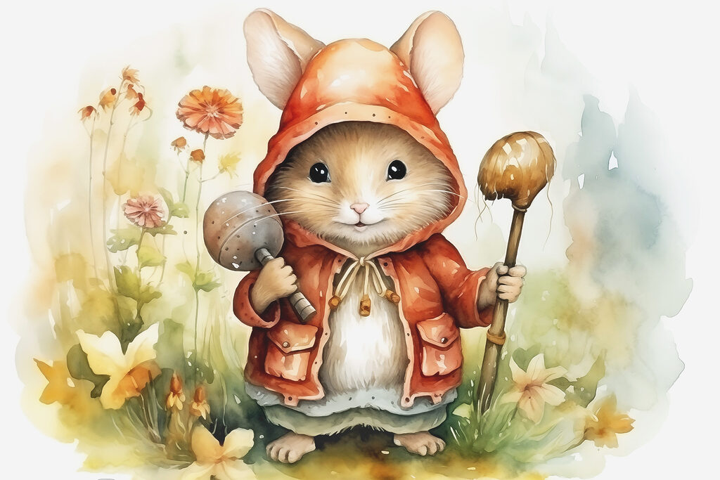 Mouse wearing a raincoat holding a stick