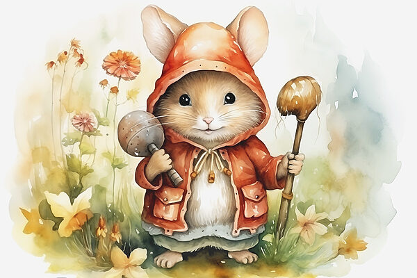 Mouse wearing a raincoat holding a stick
