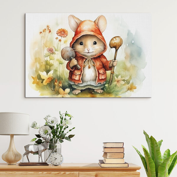 Mouse wearing a raincoat holding a stick