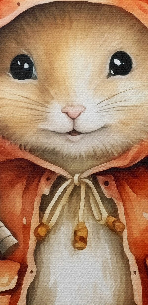 Mouse wearing a raincoat holding a stick