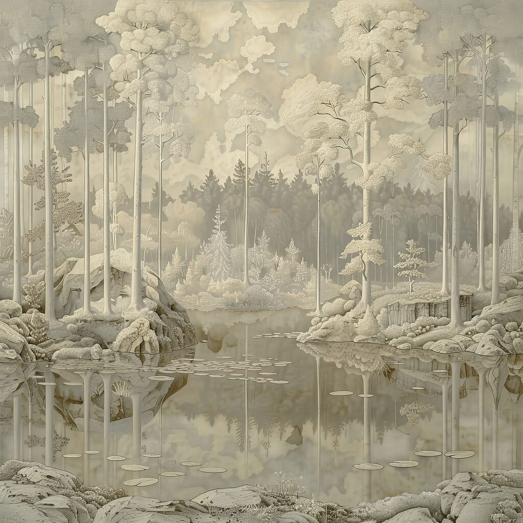 Painting of a forest and a lake