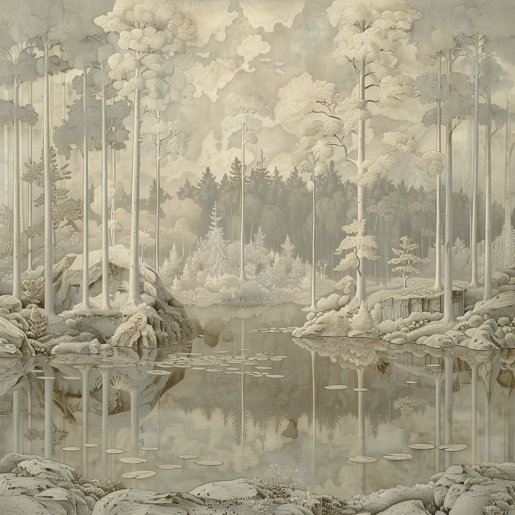 Painting of a forest and a lake