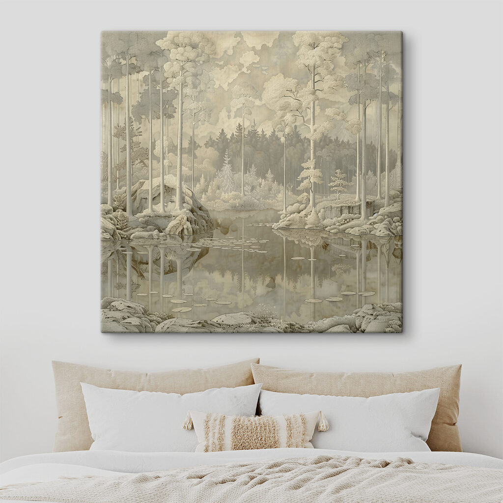 Painting of a forest and a lake