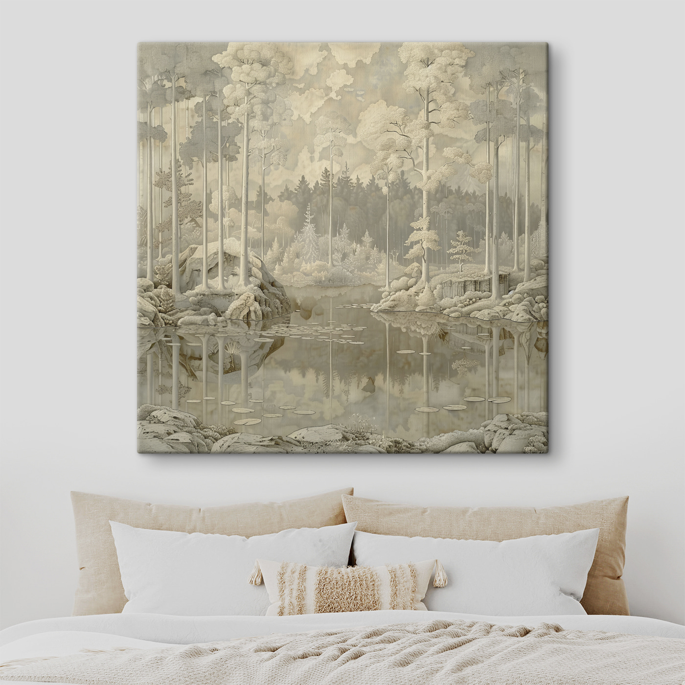 Painting of a forest and a lake