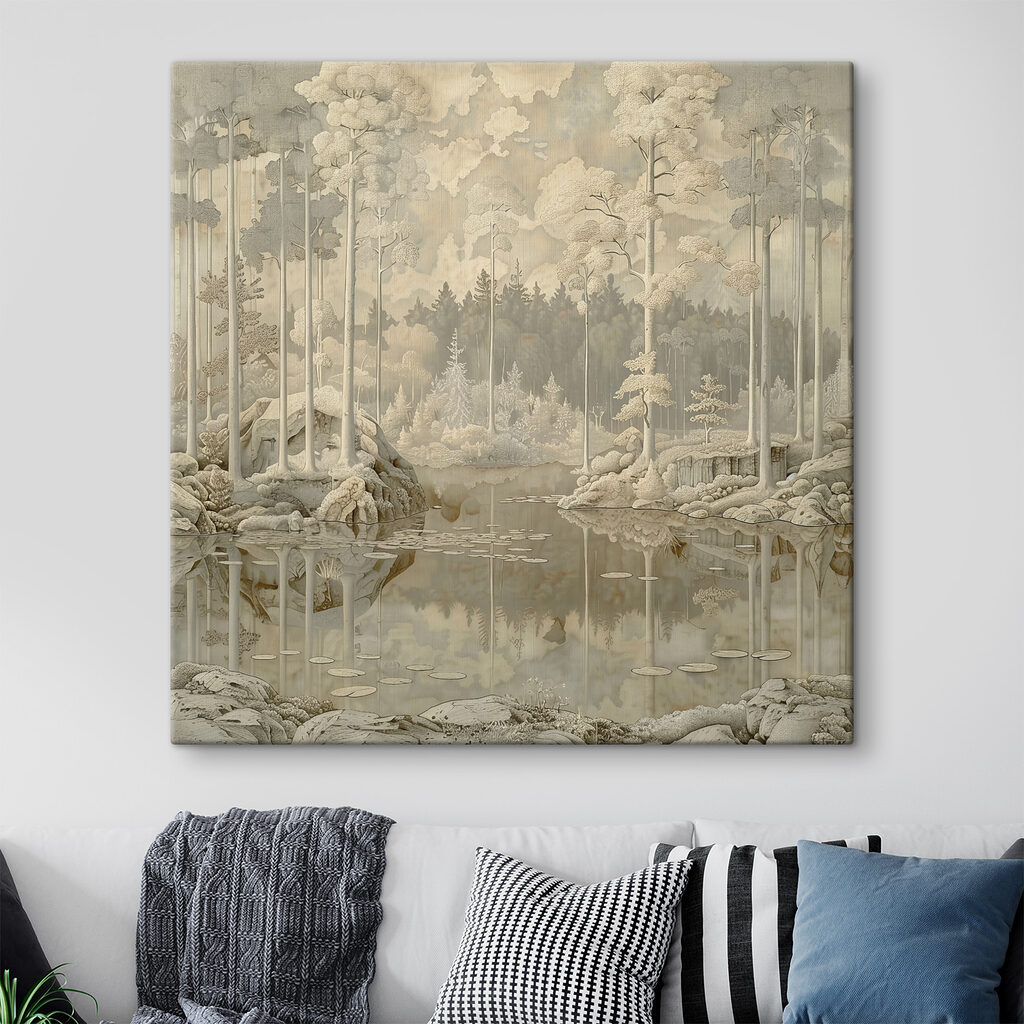 Painting of a forest and a lake