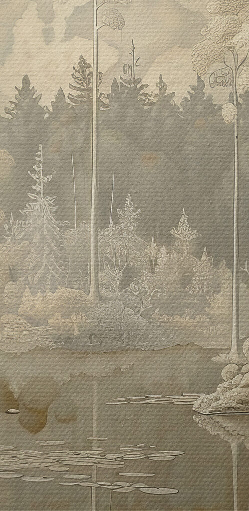 Painting of a forest and a lake