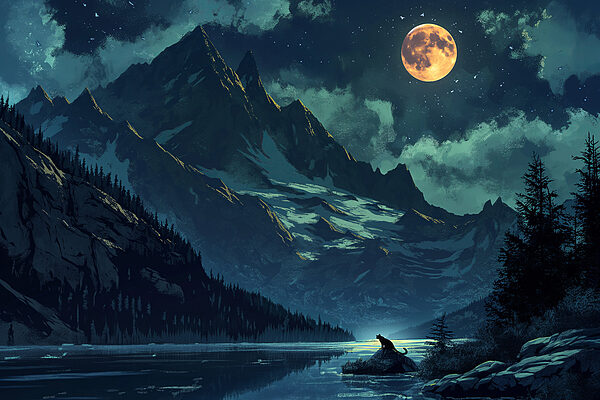 Cat sitting on a rock in front of a mountain lake Cat sitting on a rock in front of a mountain lake