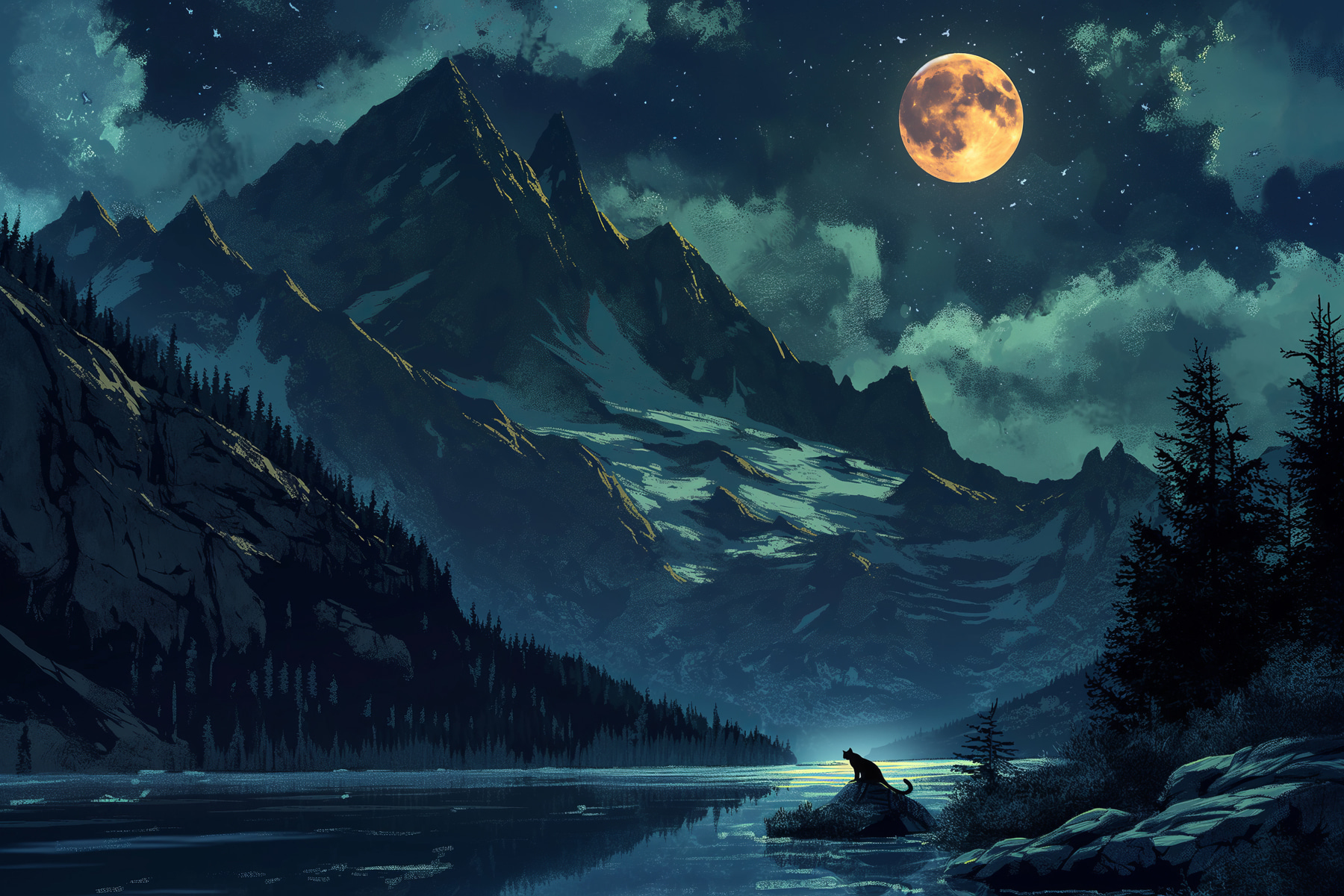 Cat sitting on a rock in front of a mountain lake Cat sitting on a rock in front of a mountain lake