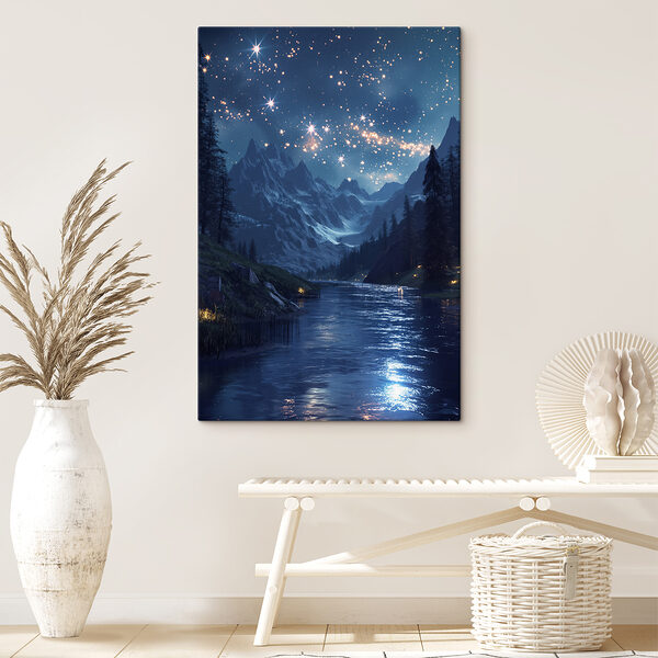 Fiume con una montagna e le stelle nel cielo Quadri Fiume con una montagna e le stelle nel cielo