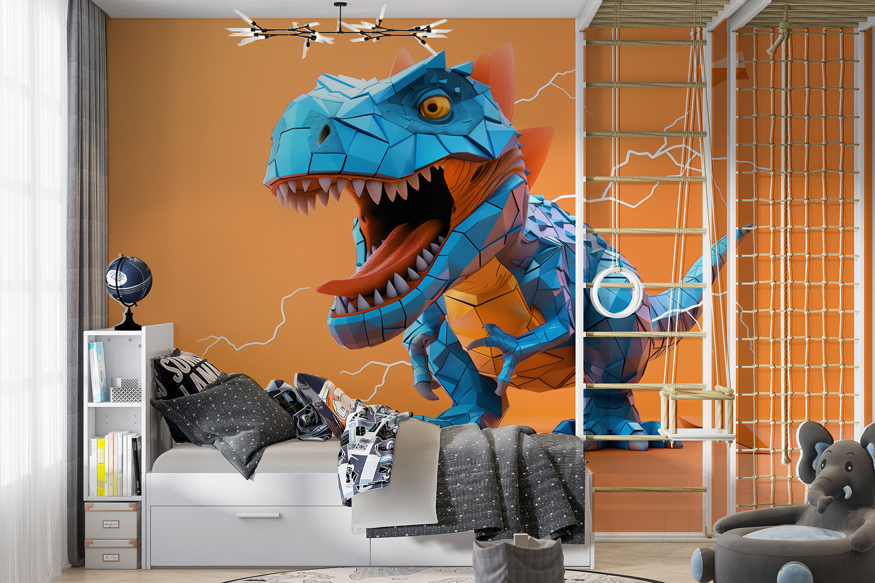 Blue dinosaur with lightning coming out of it