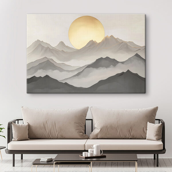 Painting of mountains and the sun