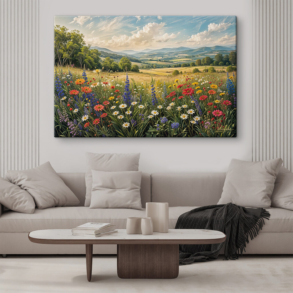 Field of flowers with mountains in the background Field of flowers with mountains in the background