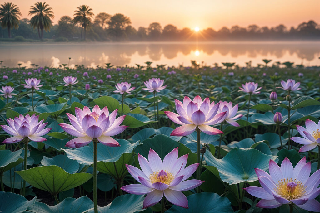 Field of purple flowers with a lake in the background Field of purple flowers with a lake in the background