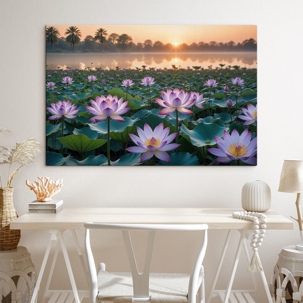 Field of purple flowers with a lake in the background Field of purple flowers with a lake in the background