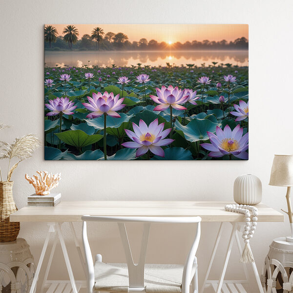 Field of purple flowers with a lake in the background Field of purple flowers with a lake in the background
