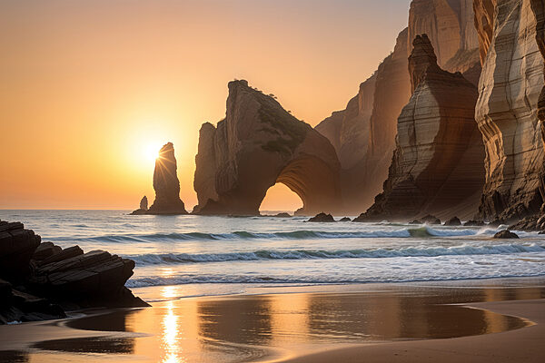 Sunset over a beach with rocks and water Sunset over a beach with rocks and water