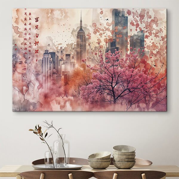 Quadri Un albero rosa con foglie rosa davanti a una città (COD: s40026) Quadri Quadri Un albero rosa con foglie rosa davanti a una città (COD: s40026)