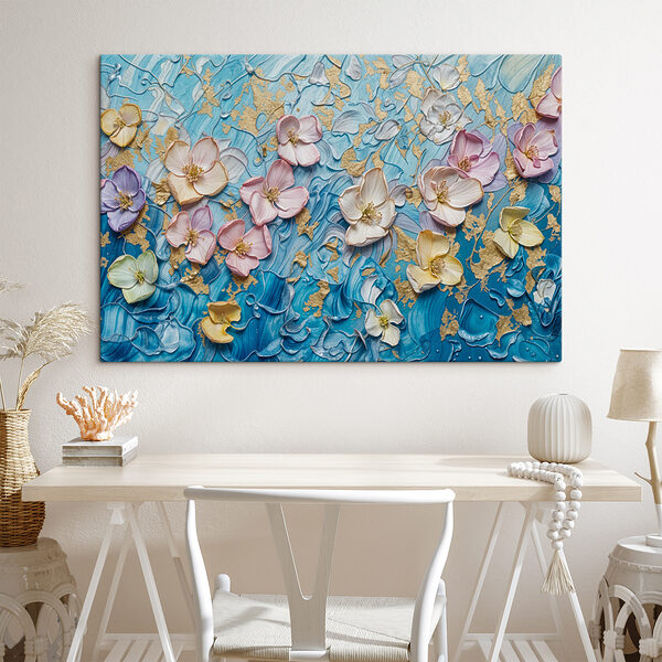 Painting of flowers on a blue surface Painting of flowers on a blue surface