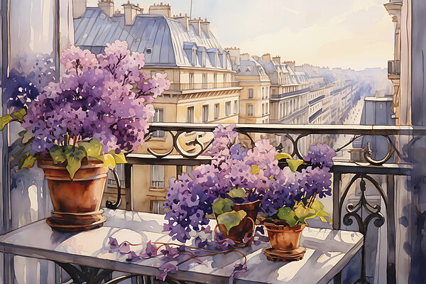 Pittura di un balcone con fiori viola Pittura di un balcone con fiori viola